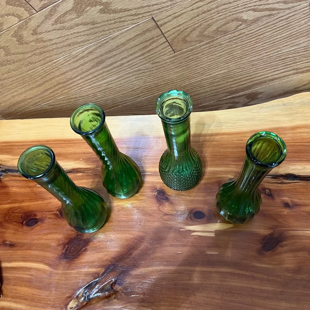 Vintage Green Glass Bud Vase Lot 4 Swirl Optic Bottle Vases CottageCore‎ Decor